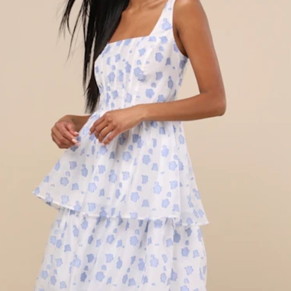 Lulus Sweet Potential Blue and White Floral Burnout Tiered Midi Dress